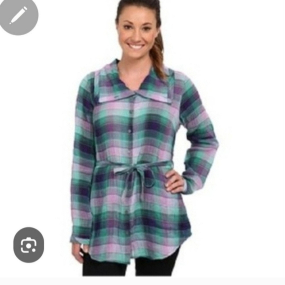 Plaid Button-Up Tunic with Bel Sz Lt